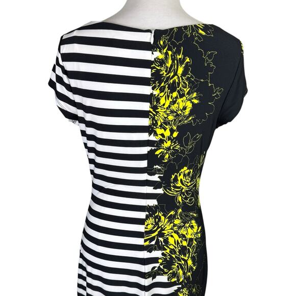 Cache Black & White Stripe Yellow Floral Print Jersey Knit Stretch Sheath Dress - Picture 6 of 10